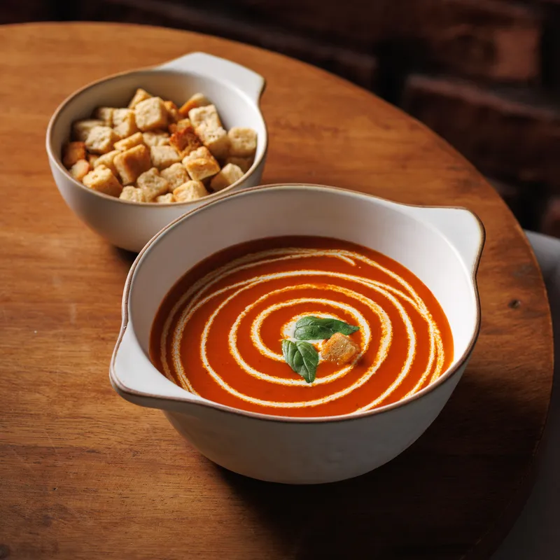 Creamy Tomato Soup - Smooth, creamy tomato soup with warming spices, served with croutons, vegetarian Indian dish at Padharo Southampton